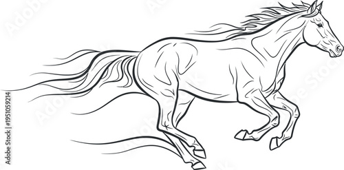 A powerful black outline drawing of a dynamic horse galloping with its flowing mane and tail, beautifully symbolizing speed, strength, and elegant freedom in motion, capturing its natural grace.