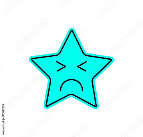 Funky y2k cartoon star sticker emoji with flat patch style and expressive eyes. Retro emoticon design uses a playful smile on a blue star for trendy, nostalgic pop decoration or character art.
