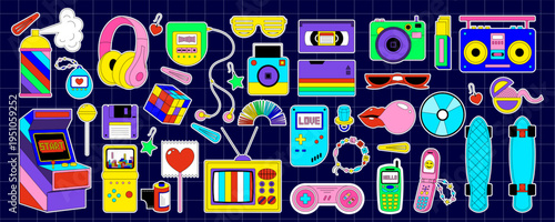 Y2k cute retro cartoon sticker set in flat pop style. Fun stickers as 90s and 2000s elements with tv, cassette, and game add vibrant charm. Modern bundle of sticker graphics for playful