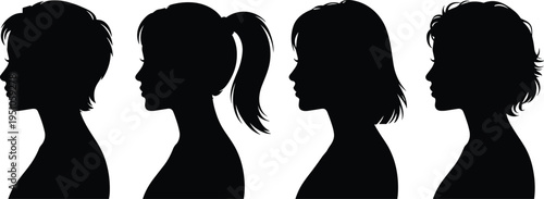 Female profile silhouette set with different hairstyles vector illustration, woman head side view icons collection, beauty fashion hairstyle design isolated