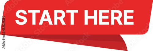 Red banner with white text start here and layered red shapes start