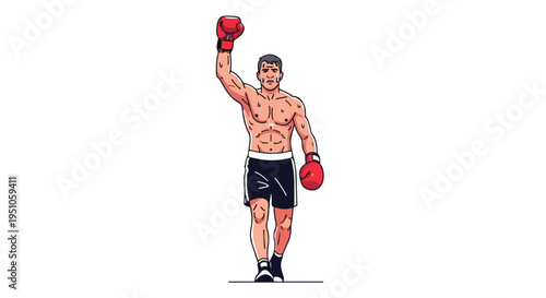 A muscular boxer in black shorts and red gloves celebrates with one arm raised in victory on a plain white background.