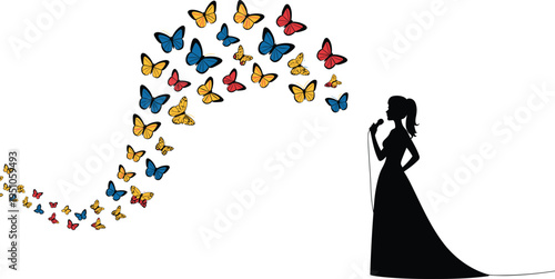 Female singer silhouette with microphone, colorful butterflies flying around performer, music performance vector illustration, artistic singing concept for concert and stage design