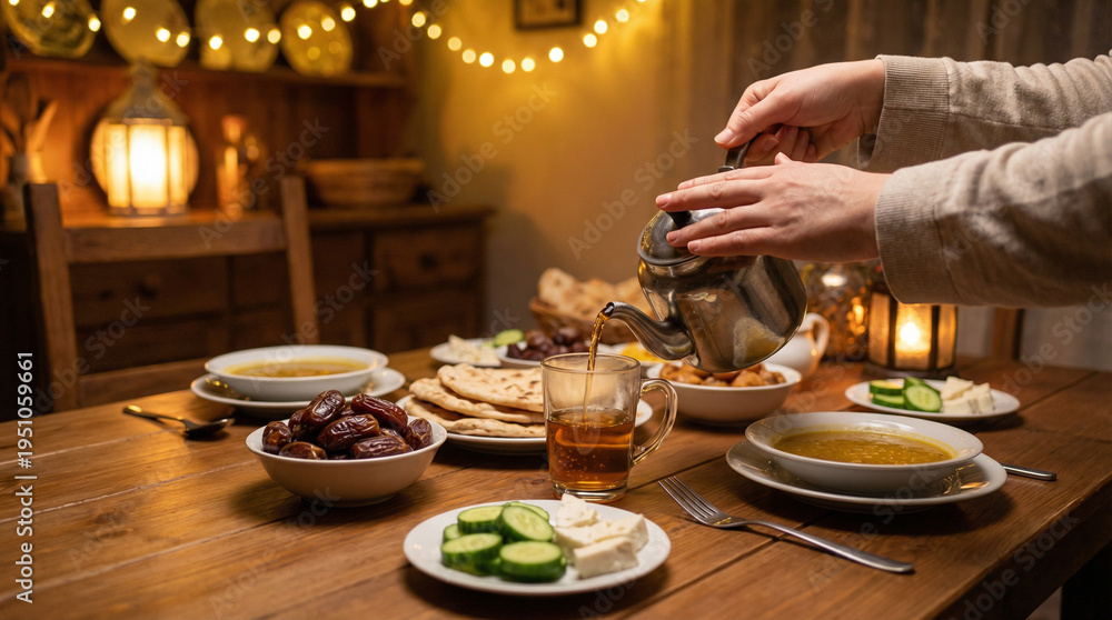 Fototapeta premium A cozy evening meal setting adorned with warm lights and festive decorations, featuring traditional dishes, dates, and a person pouring tea for a beautiful celebration