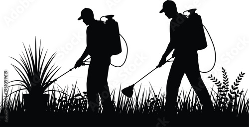 Garden workers spraying pesticide silhouette, farmers using backpack sprayer in field, pest control agriculture activity vector illustration with grass and plants