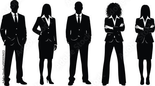 Business people silhouettes standing in formal suits representing corporate team diversity, professional workforce, leadership, office staff isolated vector illustration concept