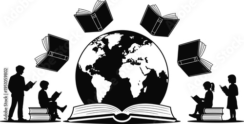 Global education concept illustration, children reading books around world globe, knowledge and learning symbolism, international literacy vector design, school study inspiration theme