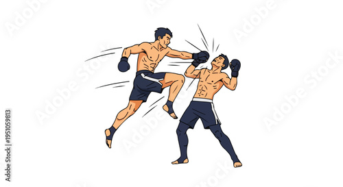 Illustration of two shirtless men practicing kickboxing with motion lines on a white background