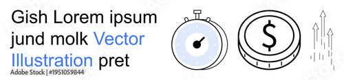 Time management, financial growth, investment strategies, savings, productivity, economic planning. Stopwatch, coin upward arrows. Financial growth and time management concept