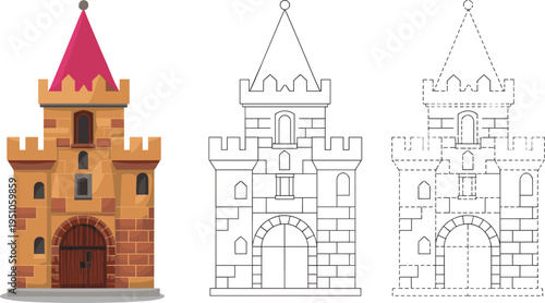 Medieval castle vector set with colored, outline and dashed drawing styles, fantasy fortress architecture illustration isolated for design and coloring