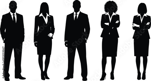 Corporate business people silhouettes standing in formal attire representing professional team, workplace diversity, leadership roles isolated vector illustration concept