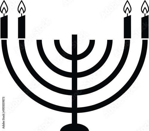 Minimal Hanukkah menorah candle holder icon, Jewish holiday festival light symbol, traditional celebration lamp black flat vector illustration