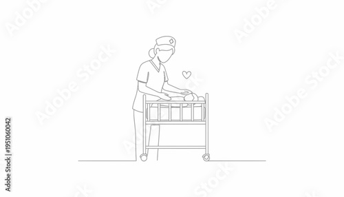 Nurse Cares for Newborn Baby in Crib, Gentle Touch, Love Heart Symbol