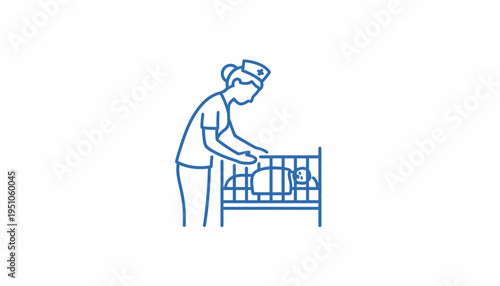 Nurse Caring for Baby in Crib, Medical Care, Healthcare Icon