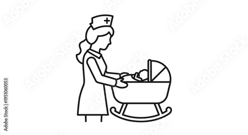 Nurse Caring for Newborn Baby in Cradle, Healthcare Icon