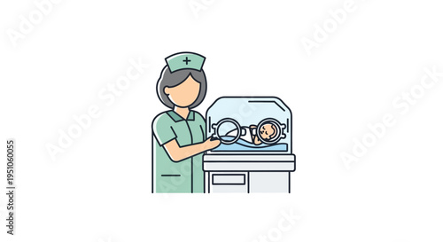 Nurse Cares for Newborn Baby in Incubator, Neonatal Intensive Care Unit