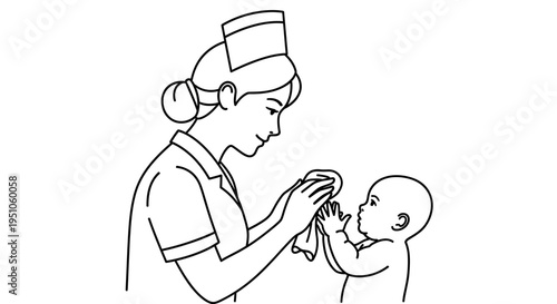 Nurse caring for baby, medical care, healthcare, newborn, child health, gentle touch, illustration