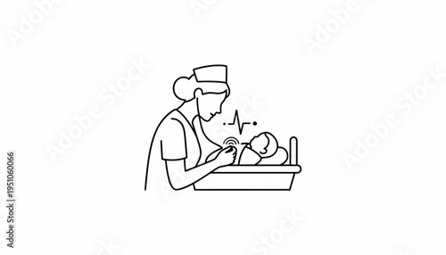 Nurse caring for newborn baby with vital signs monitor, medical illustration