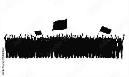 A large crowd silhouette of people with raised hands and flags participating in a public event