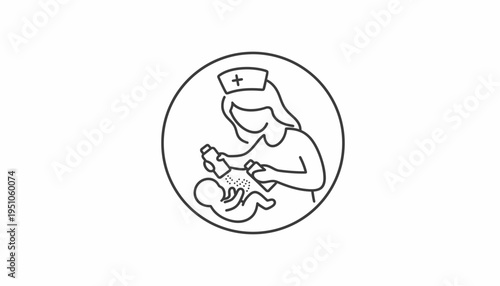 Nurse caring for newborn baby, medical icon, line art, healthcare, maternity, pediatric care