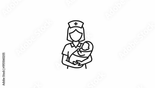 Nurse holding a newborn baby in her arms, medical care, healthcare icon