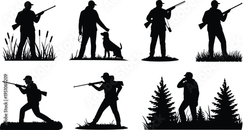 Hunter silhouettes collection, hunters with rifles and hunting dog in forest scene, outdoor hunting activity vector set for wildlife sport illustration