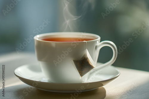 A steaming cup of tea on a saucer by the window