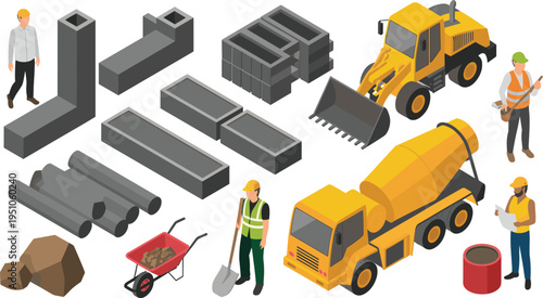 Isometric construction equipment and workers illustration set, cement mixer truck, loader machine, building materials blocks pipes tools, industrial construction site vector