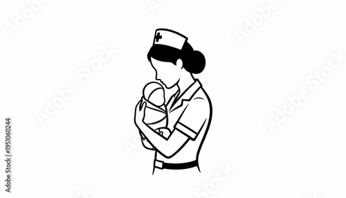 Nurse holding a newborn baby, symbol of care and new life, black and white illustration