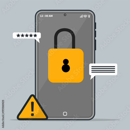 Smartphone security warning with padlock, password bubbles and alert sign, representing data protection, privacy risk, secure login, and cybersecurity threats.