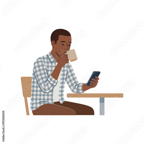Man sitting at table drinking coffee and checking phone
