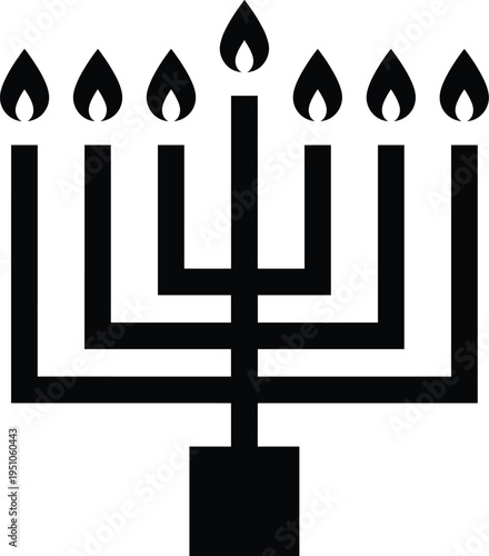 Minimal Hanukkah menorah candle icon, Jewish holiday festival light symbol, traditional seven branch style black flat vector illustration