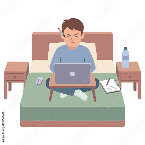 A man sits on a bed with a laptop on a tray, surrounded by a notebook and water bottle.