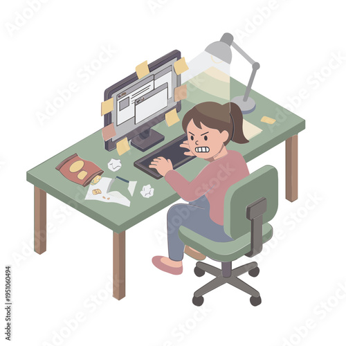 Woman experiences stress while working on computer at cluttered desk in office.