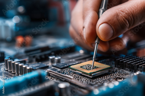 A person repairing a computer motherboard with a small tool