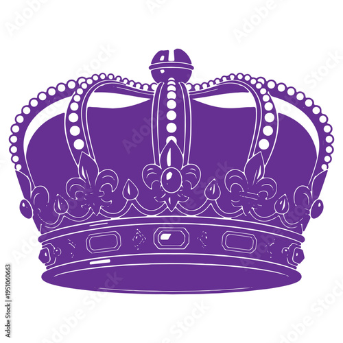 A detailed purple illustration of a royal crown with intricate decorative elements and ornate jewels isolated on a clean white background representing power and prestige