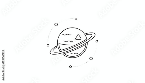 Minimalist Planet Icon with Rings and Orbiting Dots, Space Exploration Concept