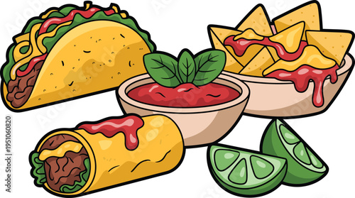 Mexican food cartoon set with taco, burrito, nachos and salsa dip, traditional street food illustration with lime slices isolated on white background