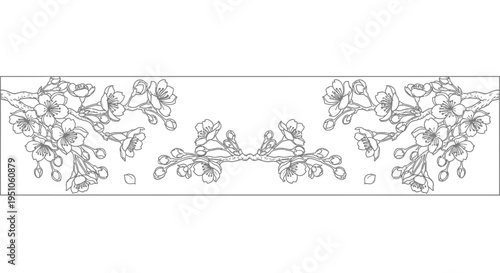 Floral line art border with blooming flowers and leaves