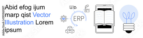Business workflows, ERP systems, online education, innovation, digital transformation, knowledge sharing. Diagrams of gears, open book and a lightbulb. ERP systems and online education