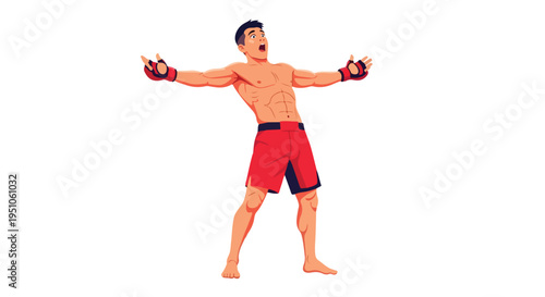 Full-body shot of a muscular man wearing red boxing gloves and shorts, standing with arms outstretched against a plain white background with a bold and dynamic mood.