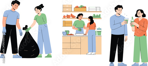 People doing eco friendly activities, recycling trash, preparing healthy food and drinking reusable beverages, sustainable lifestyle and environmental awareness vector illustration set