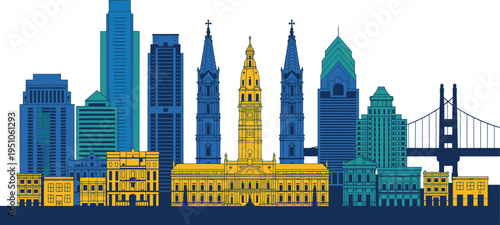 Philadelphia city skyline illustration, Pennsylvania landmarks with City Hall tower and Ben Franklin Bridge, historic downtown architecture travel vector