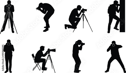Photographer silhouettes collection with camera and tripod, professional photography poses vector set, cameraman shooting photos in different positions isolated