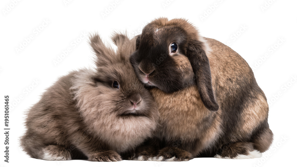 Obraz premium Two adorable fluffy brown rabbits, a Lop and an upright-eared bunny, snuggled together, isolated PNG for pet care and animal themes