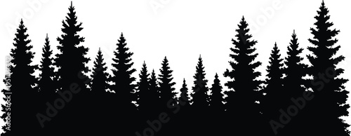 Pine forest silhouette landscape, evergreen trees skyline border, conifer woodland nature scene, black tree line vector illustration, natural forest horizon background design