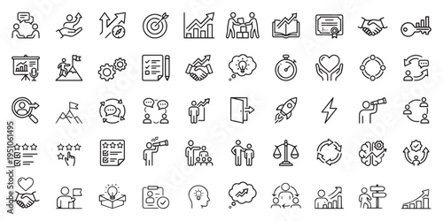 Meeting in line style set. Editable web icons for conference, business meeting, discussion, planning, event, teamwork, seminar etc. Vector illustration. coaching line icon set. Businessman thin line