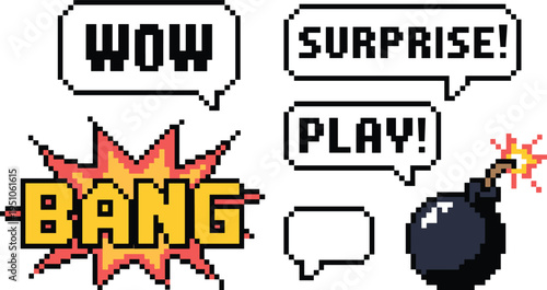 Pixel art comic speech bubbles and bomb explosion icons vector set, retro game style bang wow play surprise text elements