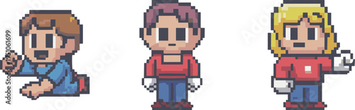 Pixel art people characters set illustration, retro 8 bit male and female avatars for video game design, nostalgic game sprite vector