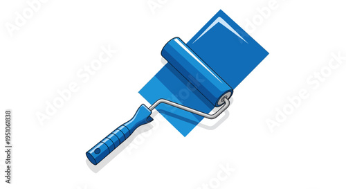 Blue paint roller with handle.